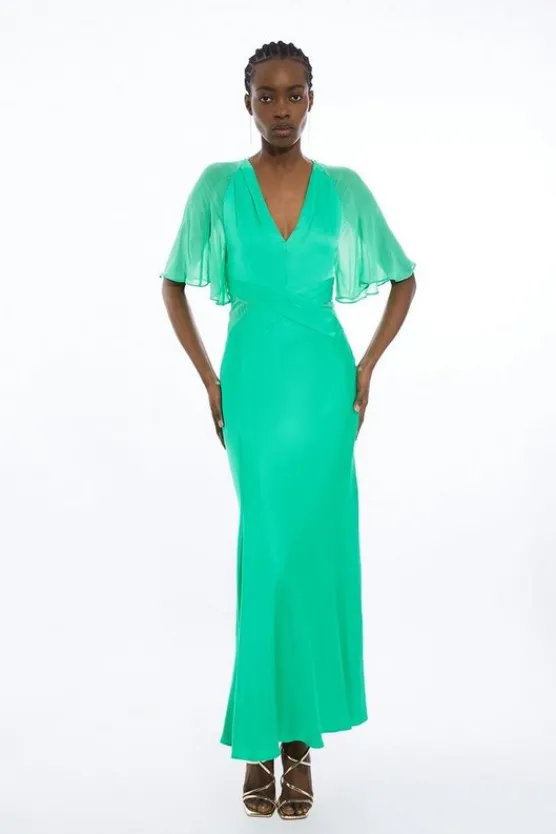 Outlet Karen Millen Tall Viscose Georgette Angel Sleeve Woven Maxi Dress green