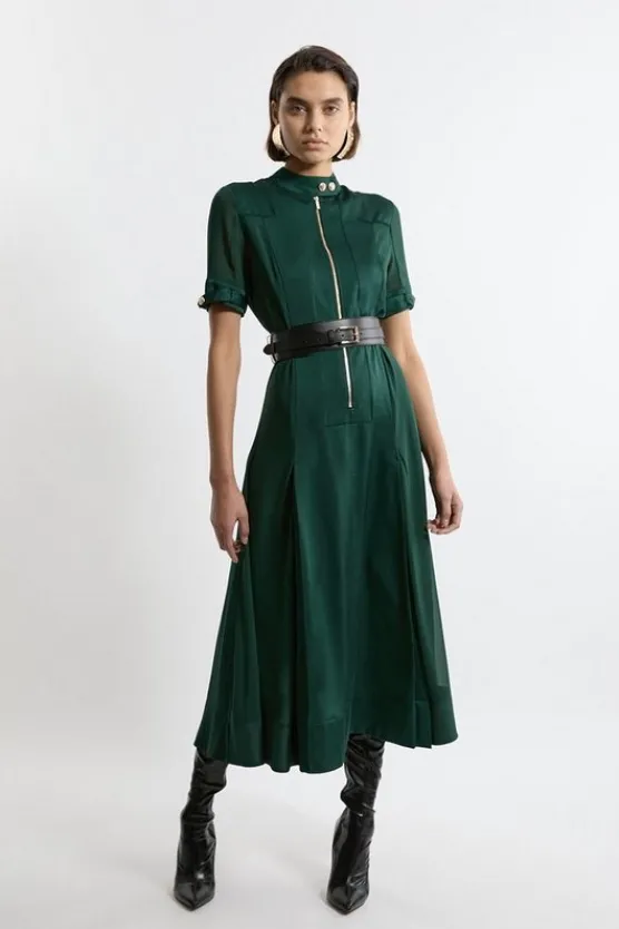 Cheap Karen Millen Top Stitch Viscose Satin Zip Front Woven Dress With PU Belt forest