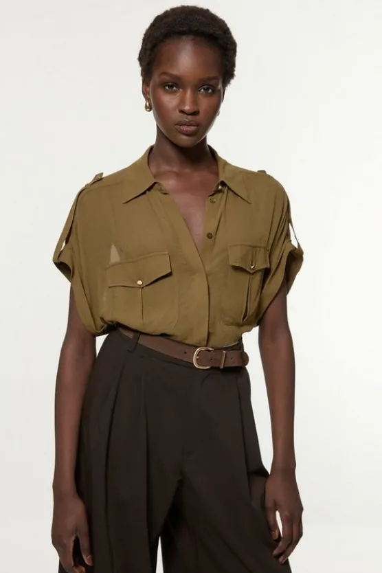 Store Karen Millen Woven Short Viscose Sleeved Shirt khaki